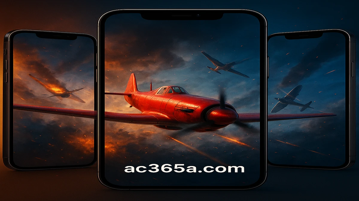 ac365-এ এভিয়েটর গেমটি বহু স্মার্টফোন স্ক্রিনে প্রদর্শিত হচ্ছে, যেখানে একটি উড়ন্ত লাল বিমান এবং পাইলট জ্যাকেট পরা একজন নারী চরিত্র দেখা যায়।