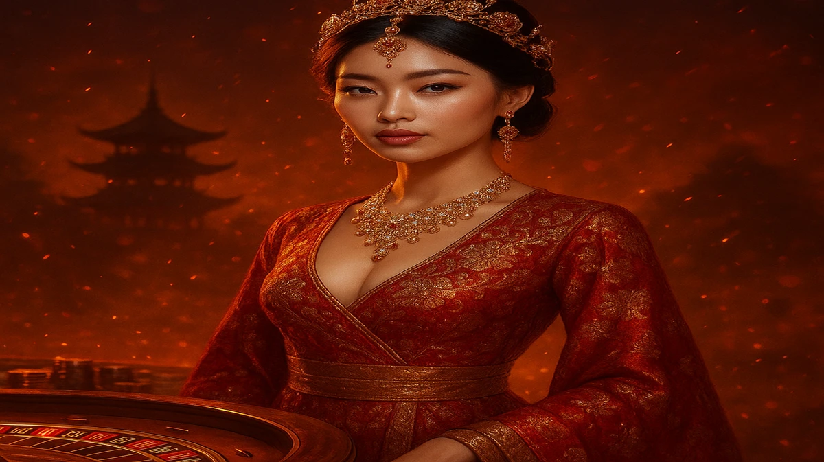 একটি শান্ত মন্দিরের সামনে ঐতিহ্যবাহী পোশাক ও জটিল অলংকারে এক অসাধারণ সুন্দর এশীয় নারী দাঁড়িয়ে আছেন, সামনে ac365 একটি চকচকে খেলার চক্র দৃশ্যমান।