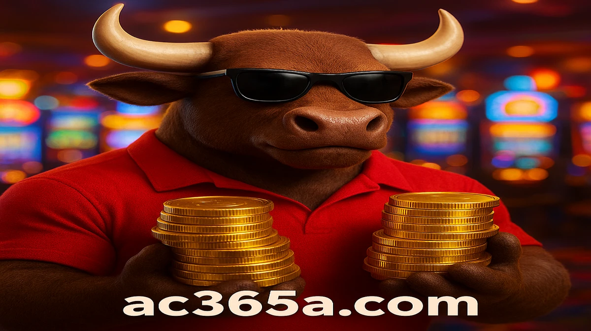 ac365-এ Fortune Ox গেমের শক্তিশালী মাসকট, সানগ্লাস পরা একটি আধুনিক ষাঁড়, প্রাণবন্ত গেমিং প্ল্যাটফর্ম সেটিং-এ স্বর্ণমুদ্রার স্তূপগুলো ধরে রয়েছে।