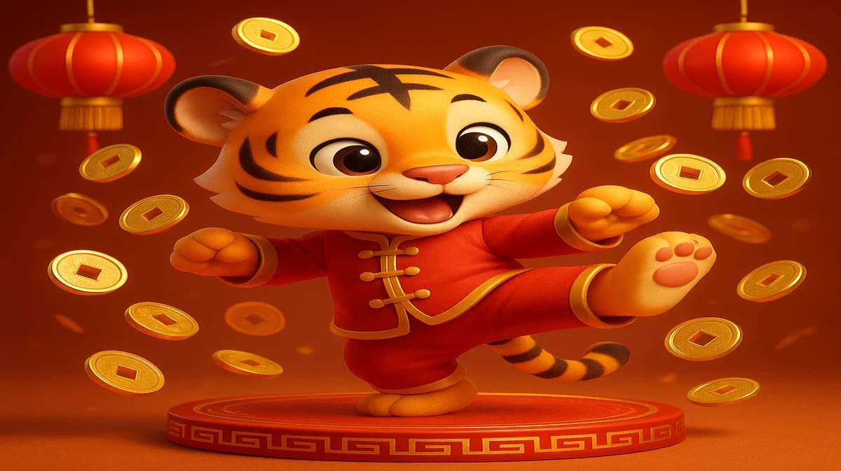 ac365-এ Fortune Tiger গেমের মজার কার্টুন মাসকট একটি মার্শাল আর্টস-ভঙ্গি ধারণ করছেন, চারপাশে স্বর্ণমুদ্রার ঝড় ও শুভ লাল লণ্ঠনের আলো ছড়িয়ে পড়ছে।